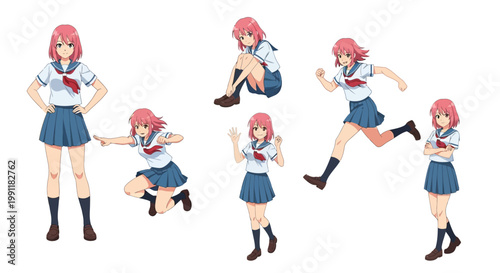 Anime girl in various poses wearing a sailor fuku and blue skirt