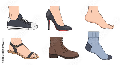 Various types of footwear and feet with different styles and accessories