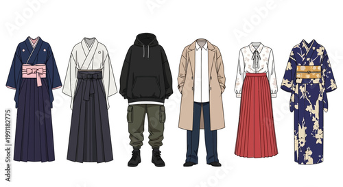 Various stylish outfits including kimonos and modern streetwear for fashion inspiration