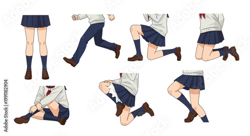 Various poses of a schoolgirl and a boy in uniform on white background