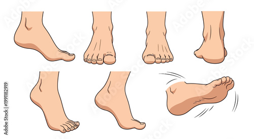 Various cartoon feet in different positions and angles illustration