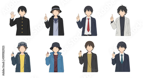 Anime style young men in various outfits pointing or waving