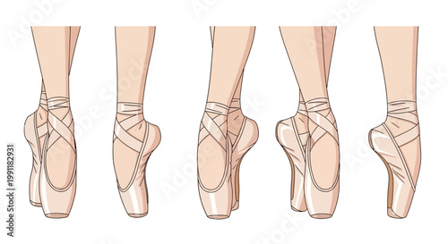 Ballet dancer's feet in various positions wearing pointe shoes