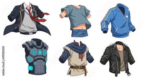 Various stylish cartoon clothing items for fashion illustration and design inspiration