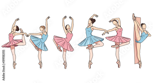 Beautiful ballerinas in various dance poses wearing pink and blue tutus
