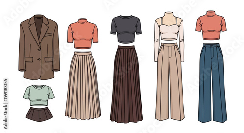 Various stylish clothing items for women including tops and bottoms