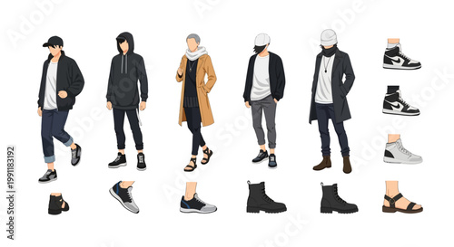 Five stylish cartoon men in various outfits with different footwear options