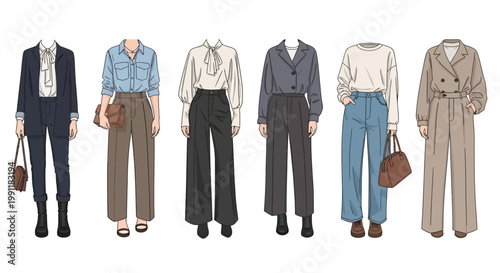 Six different fashion outfits for women in business casual styles with pants and jackets