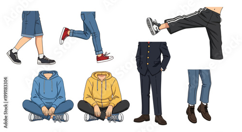 Cartoon people wearing various casual and formal outfits and shoes