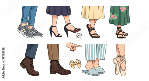 Various cartoon feet wearing different types of shoes and sandals