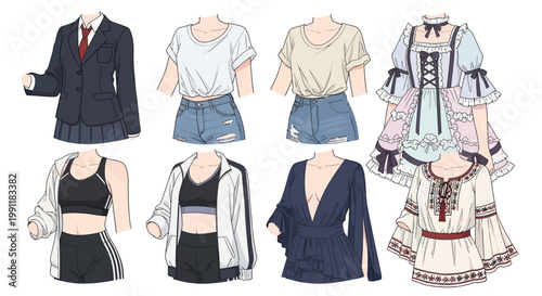 Various fashion outfits for different occasions and styles are displayed