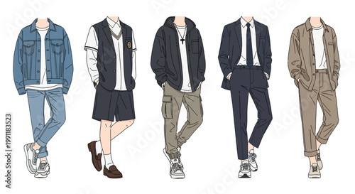 A diverse collection of five male fashion outfits is presented, ranging from casual street style to smart formal wear for various occasions.