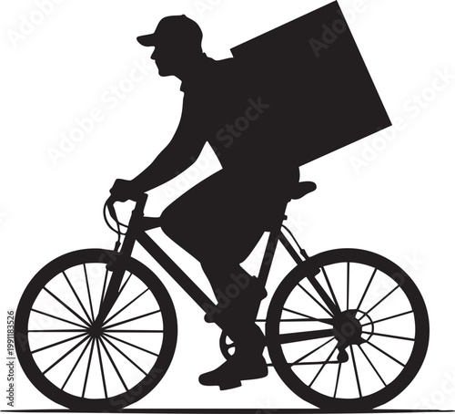 Delivery man on bicycle, courier silhouette, black vector icon, delivery service, messenger on bike
