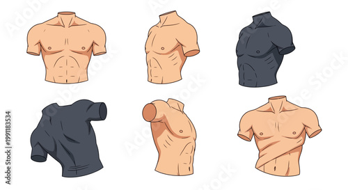 Six different illustrations of stylized male torsos, some bare and some wearing t-shirts, presented against a plain white background.