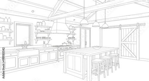 Modern Farmhouse Kitchen Interior Outline Drawing with Island, Sliding Barn Door, and Exposed Beams. Architectural Design Sketch.