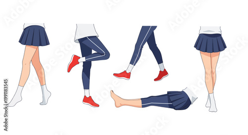 Collection of anime style legs wearing pleated skirts, leggings, socks, and sneakers in various poses and actions.