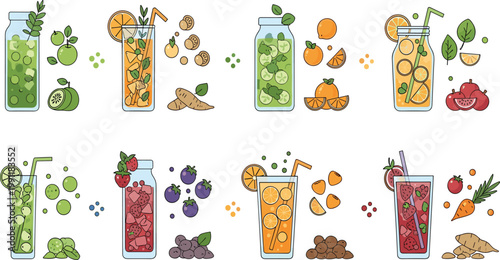 Fresh Fruit and Vegetable Juice Illustration Set with Detox Drinks, Healthy Smoothies, Natural Ingredients, and Colorful Beverage Collection for Nutrition, Wellness, and Organic Lifestyle Design.