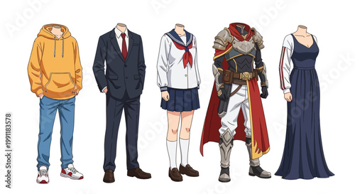 Five diverse outfits for headless anime characters including casual streetwear professional business suit school uniform armor and formal evening dress