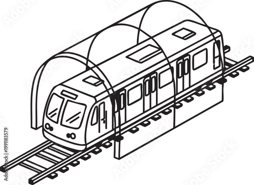 Vector subway train, urban metro line, transportation icon, black and white illustration