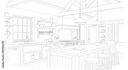 Detailed Line Drawing of Rustic Kitchen Interior Design with Large Island, Farmhouse Sink, Exposed Beams, and Open Shelving