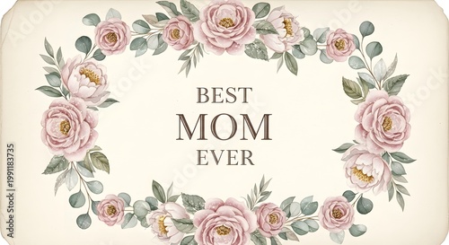 Watercolor floral wreath with mom ever text in vintage style flowers leaves butterflies