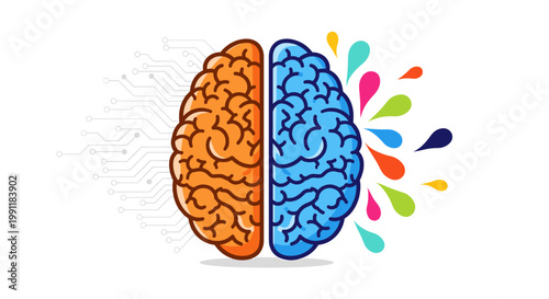 Split brain illustration showing logical analytical side with data points and creative colorful side with splashes