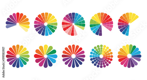Vibrant rainbow color wheels and swatches displaying spectrum of hues for creative design and artistic expression