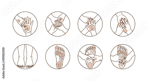 Set of circular icons illustrating acupressure points and massage techniques for hands feet and body wellness