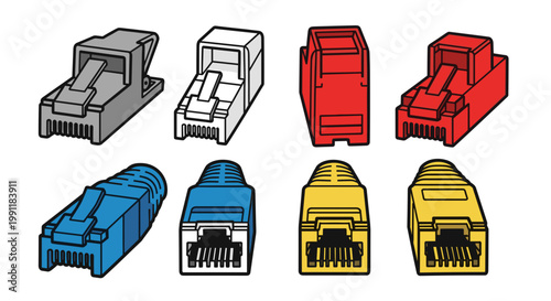 Collection of colorful modular network connector plugs and boots for rj45 ethernet cables isolated on white background