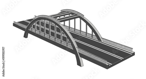 Modern arch bridge infrastructure connecting two sides over roadway with steel structure and asphalt surface