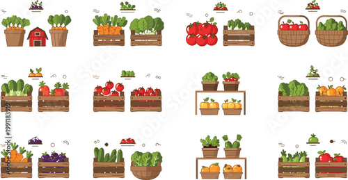 Farm Fresh Vegetable Market Illustration Set with Wooden Crates, Baskets, Organic Produce Display, Local Agriculture Products, and Grocery Stall Concepts for Healthy Food and Retail Design.
