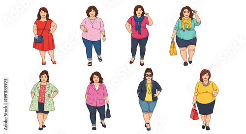 Diverse group of plus size women showcasing various fashionable outfits and confident body positivity presented