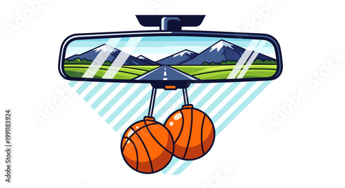 Rearview mirror reflecting a scenic road trip with mountains and green fields car air fresheners hanging below