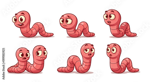 Set of cute cartoon earthworms expressing various emotions like happiness sadness surprise and fear against white