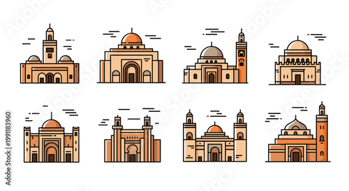 Collection of diverse islamic mosque architectural styles featuring minarets domes and arches in a clean modern flat