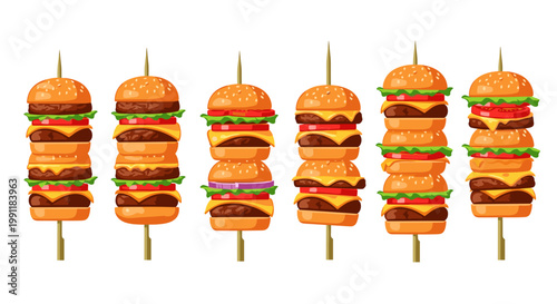 Stacked gourmet cheeseburgers on skewers vibrant colors isolated on white background representing fast food and casual