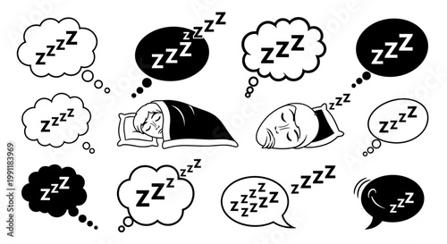 Set of stylized thought bubbles and sleeping icons with zzz symbols representing rest dreams and peaceful slumber