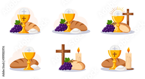 Sacred communion elements chalice with wine bread grapes and cross symbolizing christian holy sacrament and religious