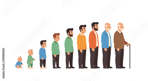 Progression of human life stages from infancy to old age illustrating growth and aging process with diverse male