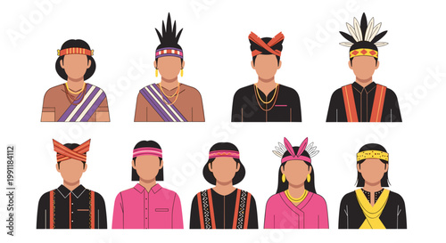 Diverse group of people wearing traditional cultural attire and headdresses showcasing ethnic heritage and identity