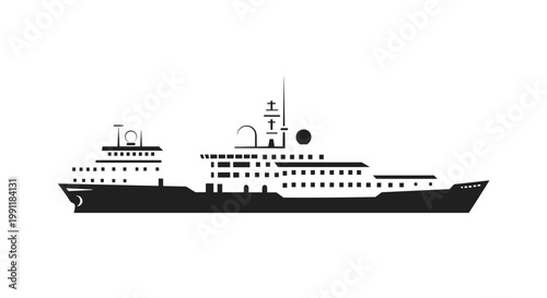 Modern icebreaker ship silhouette with multiple decks and radar symbolizing polar exploration and maritime transport