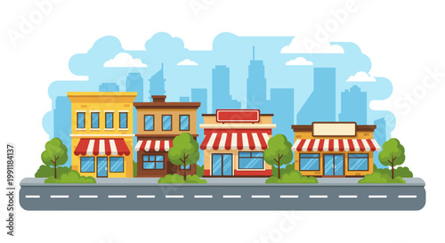 Charming cartoon storefronts with colorful awnings line a city street showcasing small business charm