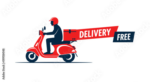 Fast delivery rider on red scooter with red insulated box and 'delivery free' banner symbolizing quick and efficient