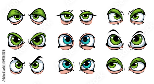 Collection of expressive cartoon eyes showing various emotions like curiosity surprise suspicion and anger with green