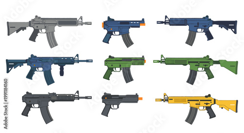 Collection of diverse modern assault rifles and submachine guns in various colors and designs isolated on white