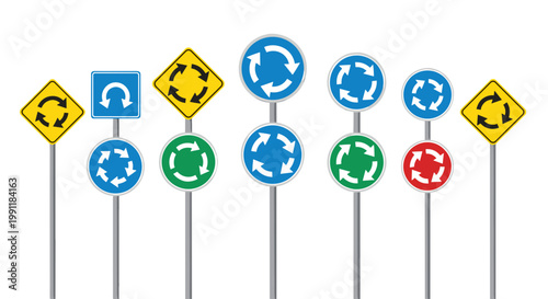 Collection of diverse roundabout traffic signs with directional arrows indicating circular traffic flow displayed