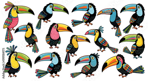 Collection of diverse toucans with vibrant beaks and colorful plumage set against a clean white background tropical