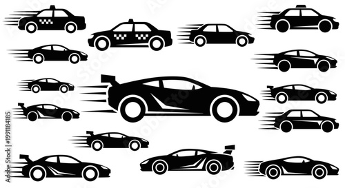 Collection of black silhouettes of various cars and taxis in motion representing speed travel and transportation