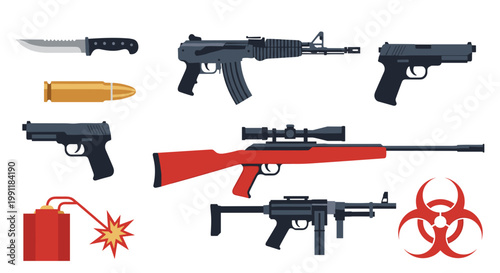 Collection of modern firearms tactical knife bullet and biohazard symbol on a white background representing danger