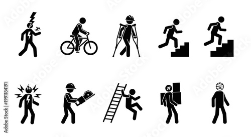 Collection of diverse stick figure pictograms illustrating various human activities injuries and safety precautions